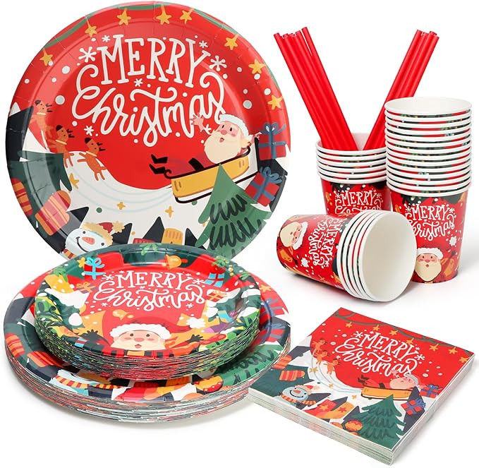 Christmas Paper Plates and Cups Party Supplies, Red Merry Christmas Santa Claus Party Paper Plate... | Amazon (US)