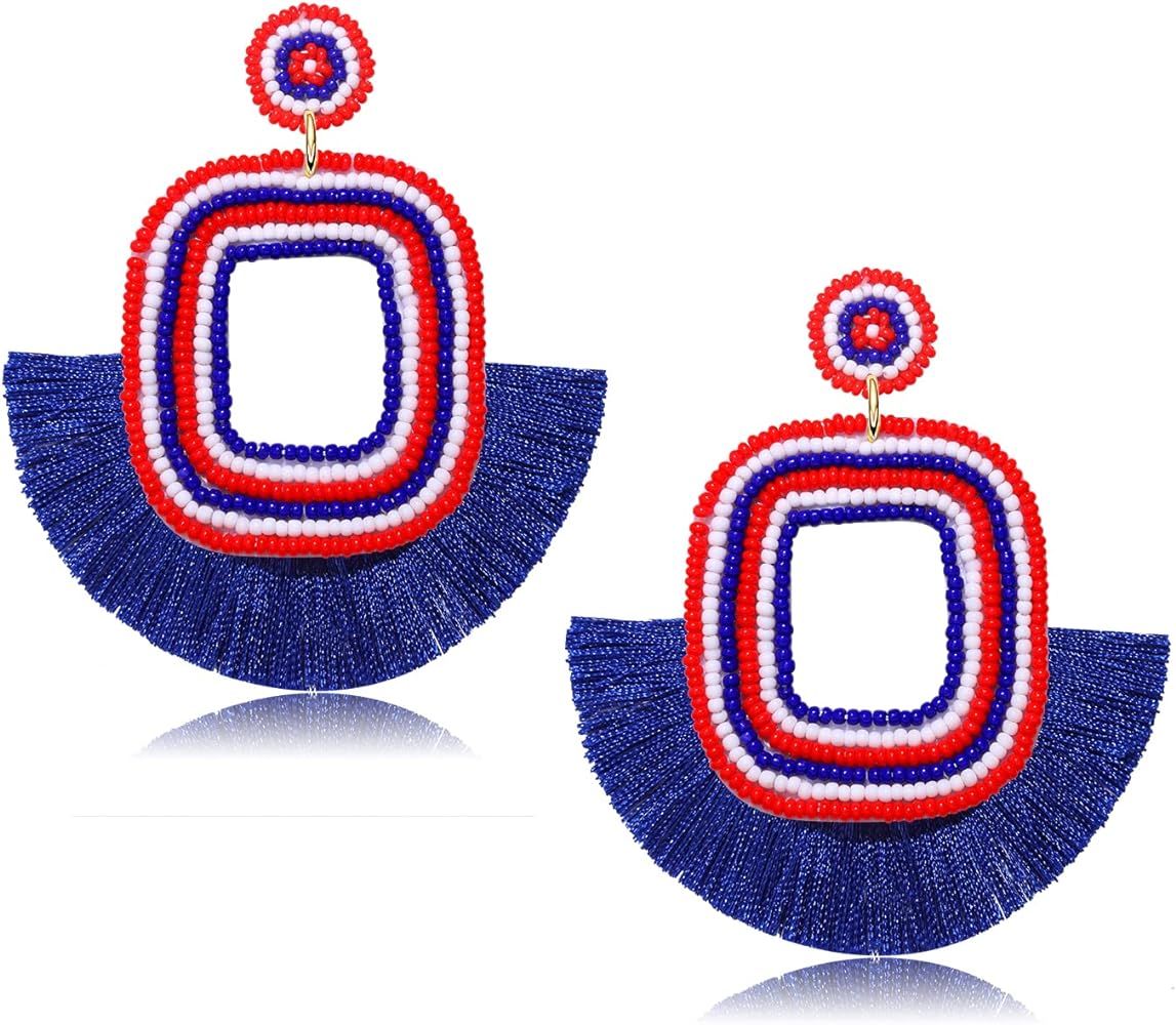 July 4th Earrings for Women Handmade Beaded Fan Tassel Earrings Red White Blue Drop Dangle Earrin... | Amazon (US)