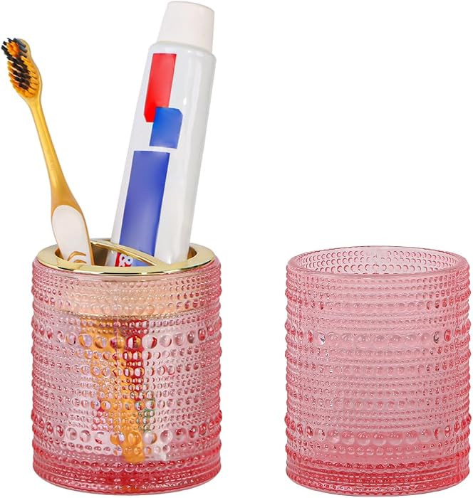 Pink Glass Toothbrush Holder, Bathroom Toothbrush Holder Set, 2pcs 10oz Tumbler Cup, Toothbrush a... | Amazon (US)
