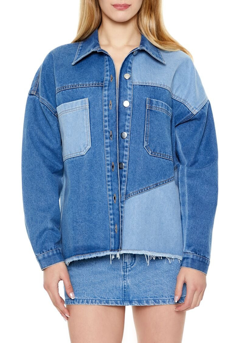 Women's Reworked Colorblock Denim Shacket in Denim, XL | Forever 21