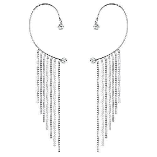 FOCALOOK Rhinestone Ear Cuffs Sparkly Cartilage Ear Wrap Long Silver Crystal Tassel Non-Pierced Cuff Earrings for Women | Amazon (US)