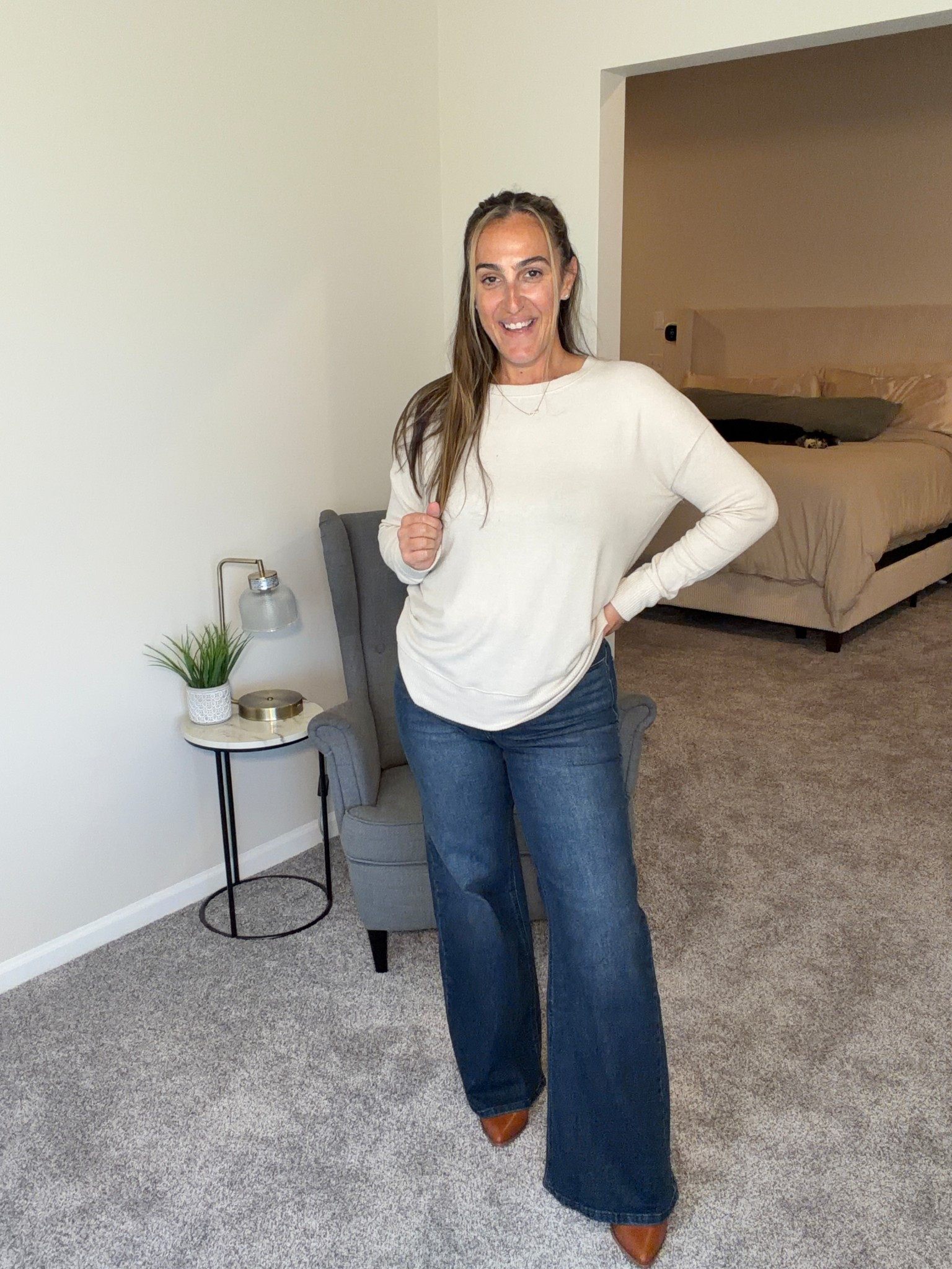 The most perfect drapey top and wide leg jeans!
Top is a medium and runs tts.
Jeans are an 8, full length, size down 1!

#LTKOver40 #LTKFindsUnder50 #LTKStyleTip