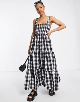 ASOS DESIGN shirred maxi sundress with tiers in mono gingham | ASOS (Global)