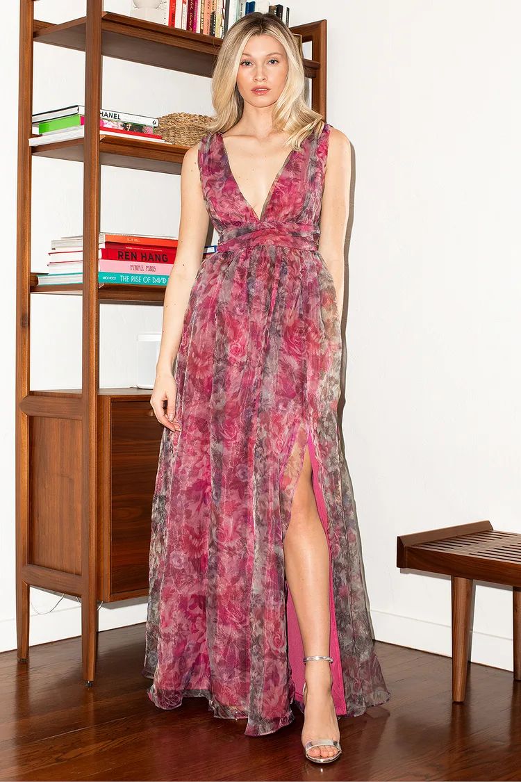 Garden Romance Magenta Floral Print Organza Maxi Dress | Lulus