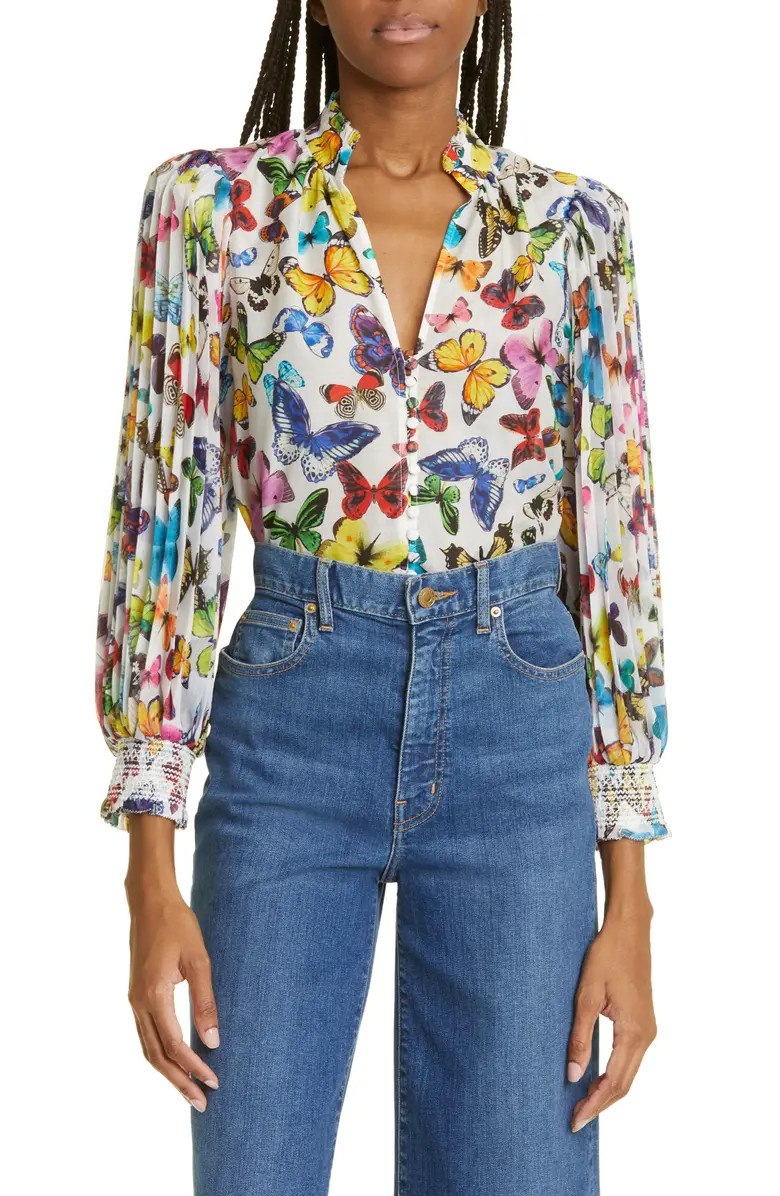 Alice + Olivia Ilan Butterfly Print Cotton & Silk Blouse | Nordstrom | Nordstrom