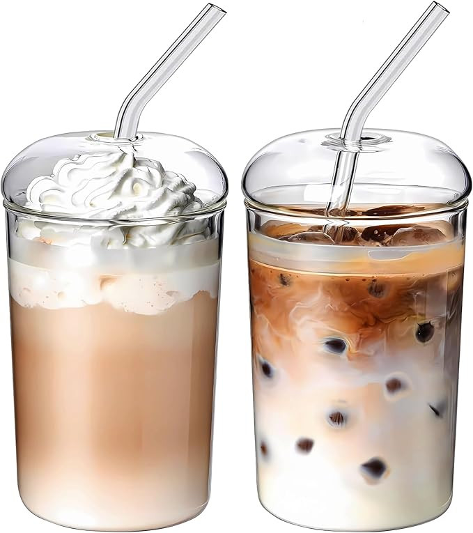 2 Pcs Drinking Glasses with Glass Lids and Glass Straw 16oz Glassware Set,Iced Coffee Glasses,Ide... | Amazon (US)