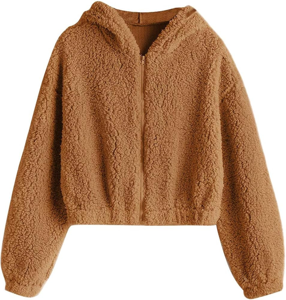 ZAFUL Women's Hooded Zip Up Faux Shearling Fluffy Teddy Jacket Coat | Amazon (US)