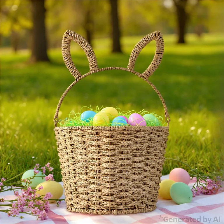 Round Bunny Ear Handle Paper Basket, Beige, 9" x 6.5", Easter by Way To Celebrate | Walmart (US)