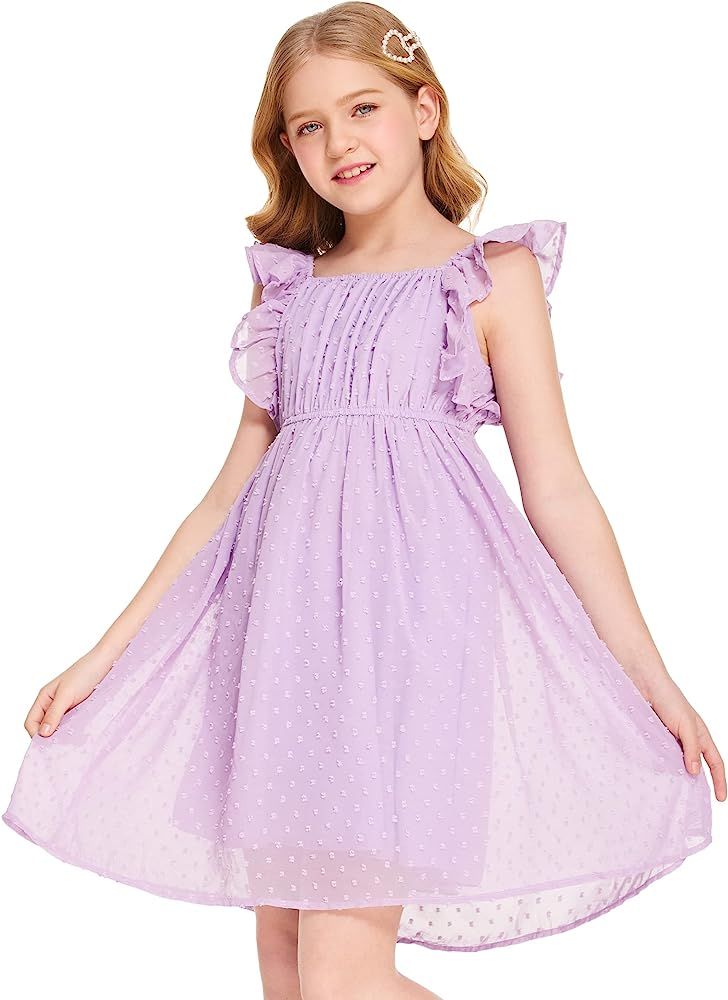 Flypigs Girls Ruffle Sleeve Swiss Dot Dress Stretchy A-Line Flutter Sleeve Casual Dress for 5-12 ... | Amazon (US)