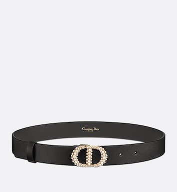 30 Montaigne Gürtel mit Perlen Glattes Kalbsleder in Schwarz und Glasperlen in Weiß, 27 mm | ... | Dior Couture