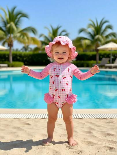 Sparklyn Baby Girls' Cute Elastic Pink Contrast Cherry Print Ruffled Long Sleeve 2 Pieces Swimsui... | SHEIN