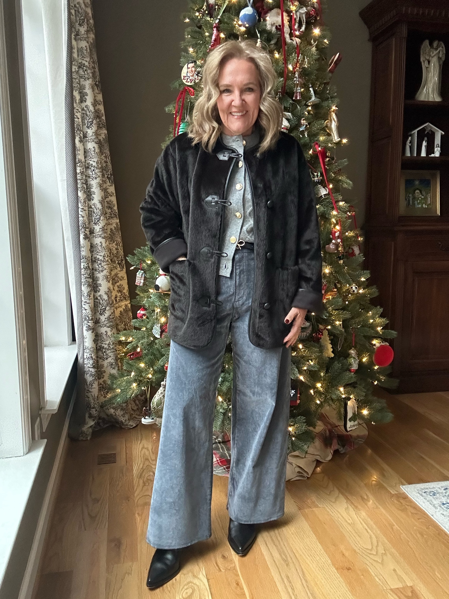 Oh no. A big account just shared this faux fur jacket. That means it’s going to sell fast! 

It’s roomy. Wearing a medium 
Crushed velvet pants  size 10 you need your larger size 
Sweater is mostly sold out sadly 
Boots code cyber size up a full size! 

Target dolce vita sailor jeans 

#LTKOver40 #LTKHoliday #LTKFindsUnder50