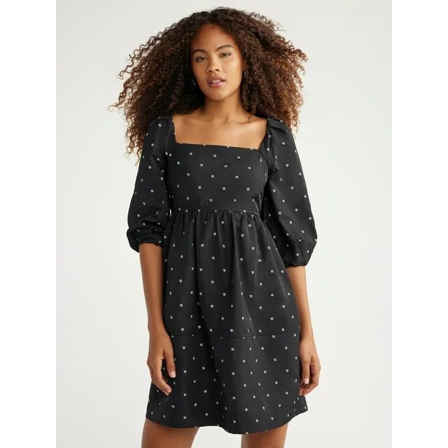 Free Assembly Women's Square-Neck Mini Dress with ¾ Sleeves, Sizes XS-XXXL | Walmart (US)