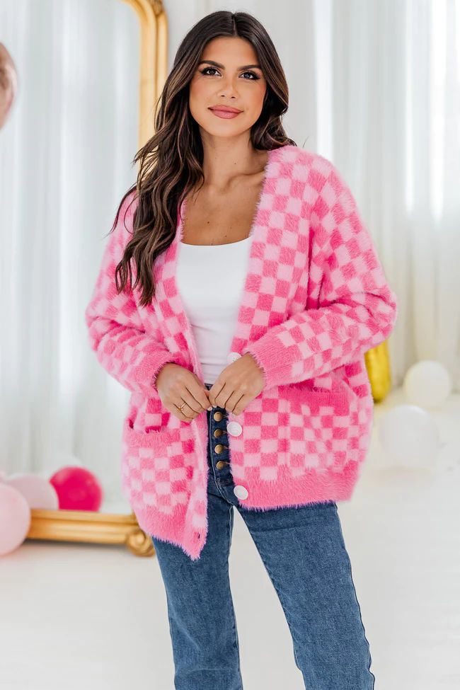 Hanging By A Moment Pink Fuzzy Checkered Oversized Cardigan | Pink Lily