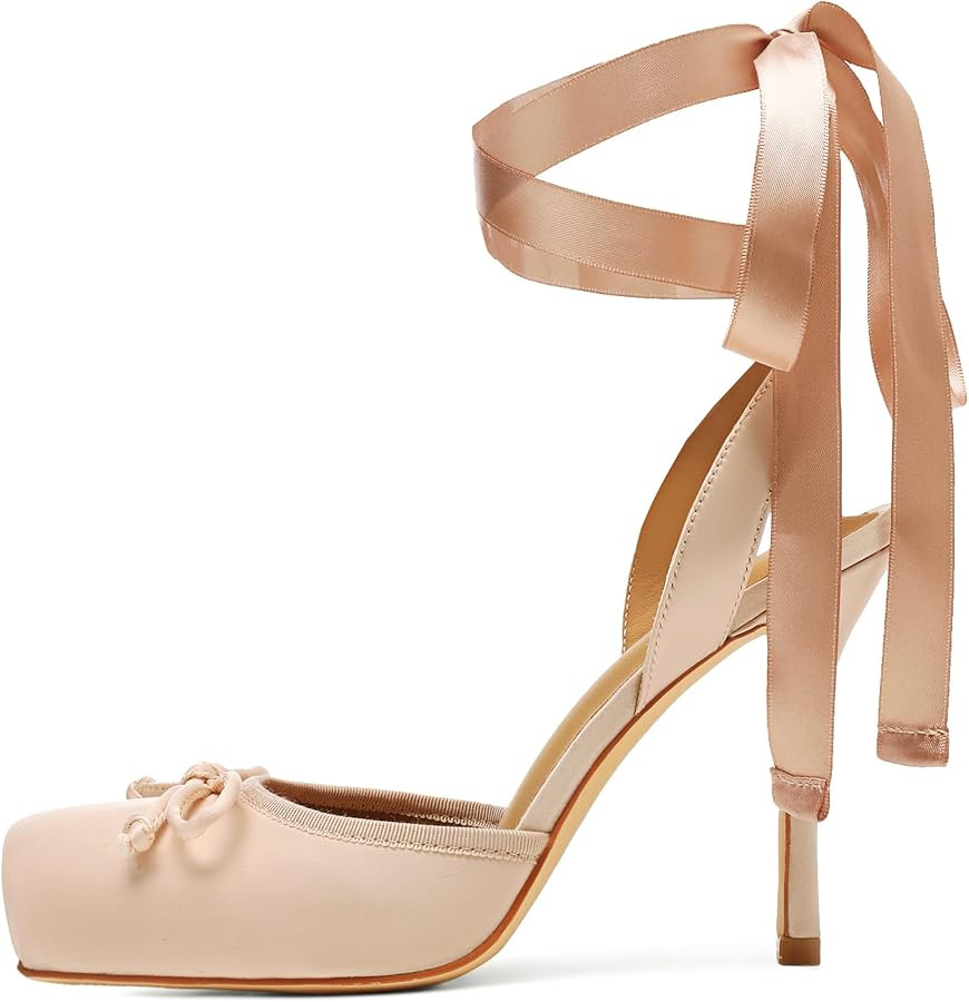 Satin Ballet Heels for Women Closed Square Toe Bow Ballerina Heels Lace Up High Heel Slingback Pu... | Amazon (US)