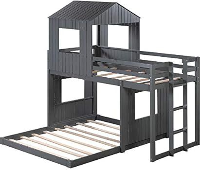 Amazon.com: House Bed Bunk Beds Twin Over Full Size, Wood Bunk Beds with Roof and Guard Rail for ... | Amazon (US)