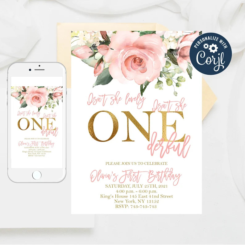 Editable Blush pink Floral Onederful Invitation, Isn't she lovely Isn't she Onederful, First Birt... | Etsy (US)