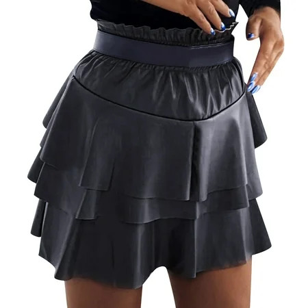 gvdentm Fall Skirts For Women Trendy Women Leather Skirts High Waist Mini Skirt Ruffles PU Mini plus Size Tennis Skirt | Walmart (US)
