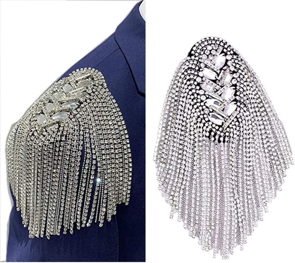 2pcs Rhinestone Tassel Shoulder Epaulet Spike Chain Shoulder Badge Brooch Pins for Man Woman | Amazon (US)