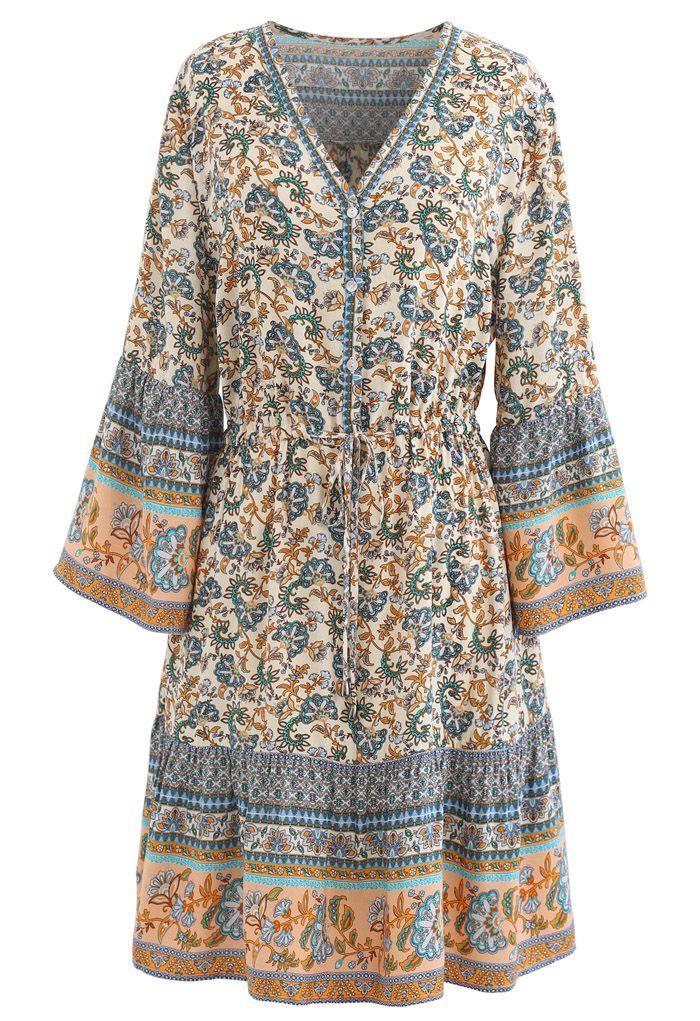 Shell Button Drawstring Waist Floral Boho Mini Dress | Chicwish