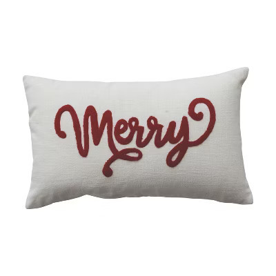Storied Home Cotton Slub Lumbar Pillow with Embroidered "Merry", Natural and Red | Target