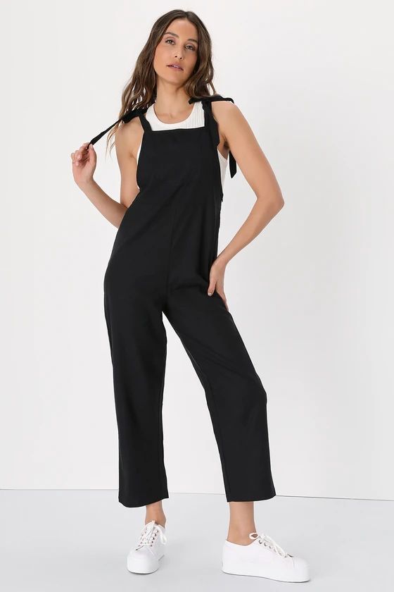 Trendy Sweetie Black Linen Tie-Strap Slim-Leg Overall Jumpsuit | Lulus (US)