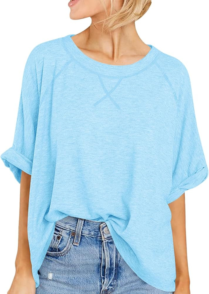 Langwyqu Oversized Tshirts Summer Short Sleeve Shirts Casual Loose Fit Basic Tees | Amazon (US)