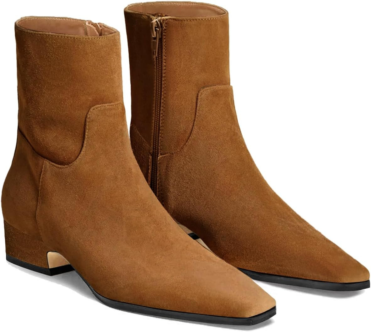Coutgo Womens Booties Low Heel Ankle Boots Square Pointed Toe Chunky Heel Side Zipper Dressy Fall Boots Shoes | Amazon (US)