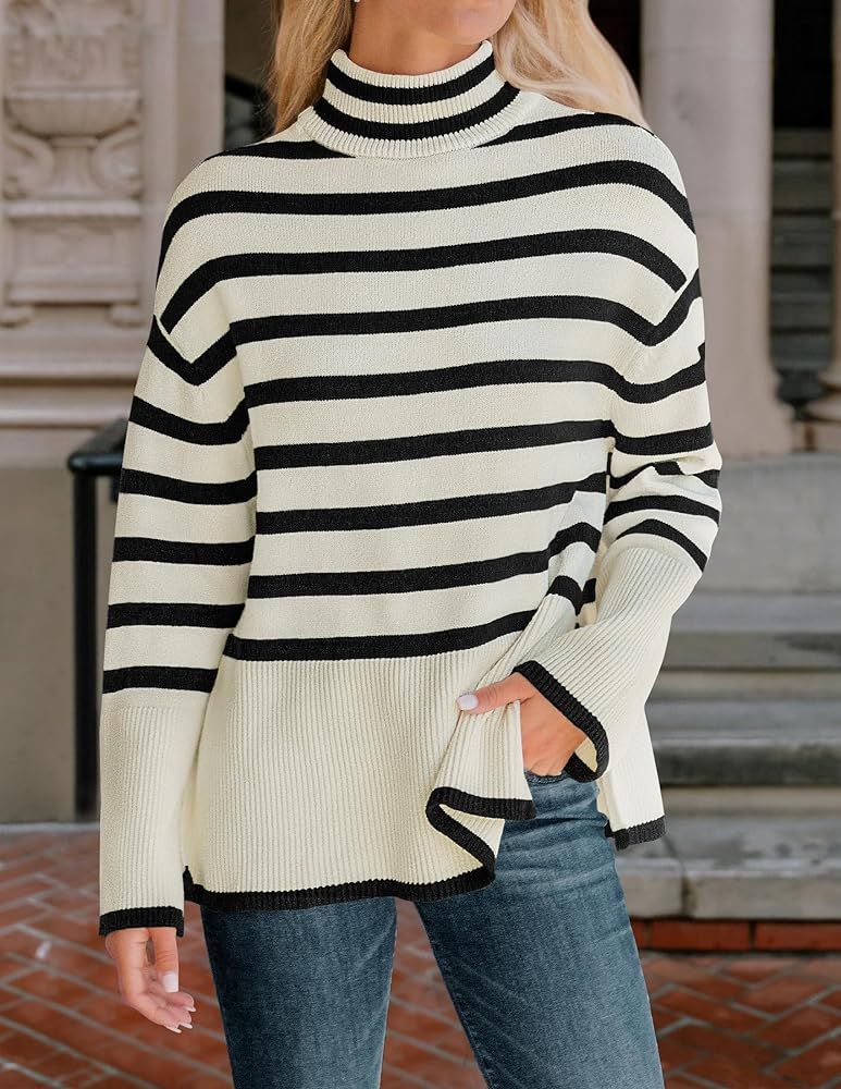 ZESICA Women's 2023 Winter Sweaters Casual Turtleneck Long Sleeve Striped Side Slit Loose Pullover S | Amazon (US)