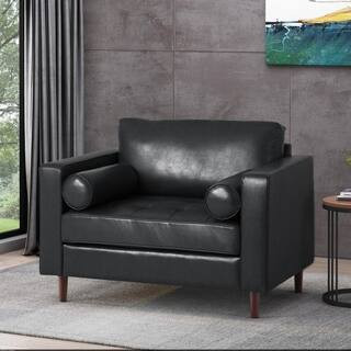 Black Faux Leather Armchair Club Chair with 2 Arm Pillows and Solid Birch Wood Legs | The Home Depot