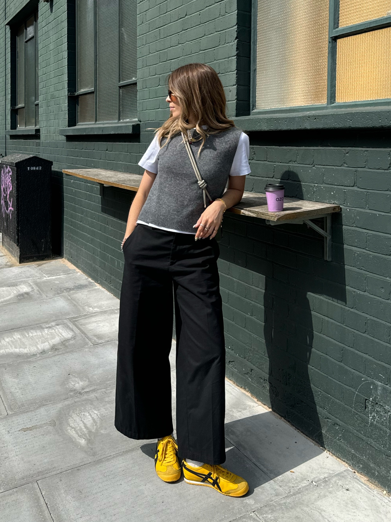 Autumn outfit, High street style, Casual outfit inspiration, Uniqlo sweater vest, Uniqlo wide leg chino trousers, Onitsuka tiger trainers, Poter Yoshida bag, Dmy sunglasses

#LTKautumn #LTKstyletip #LTKuk