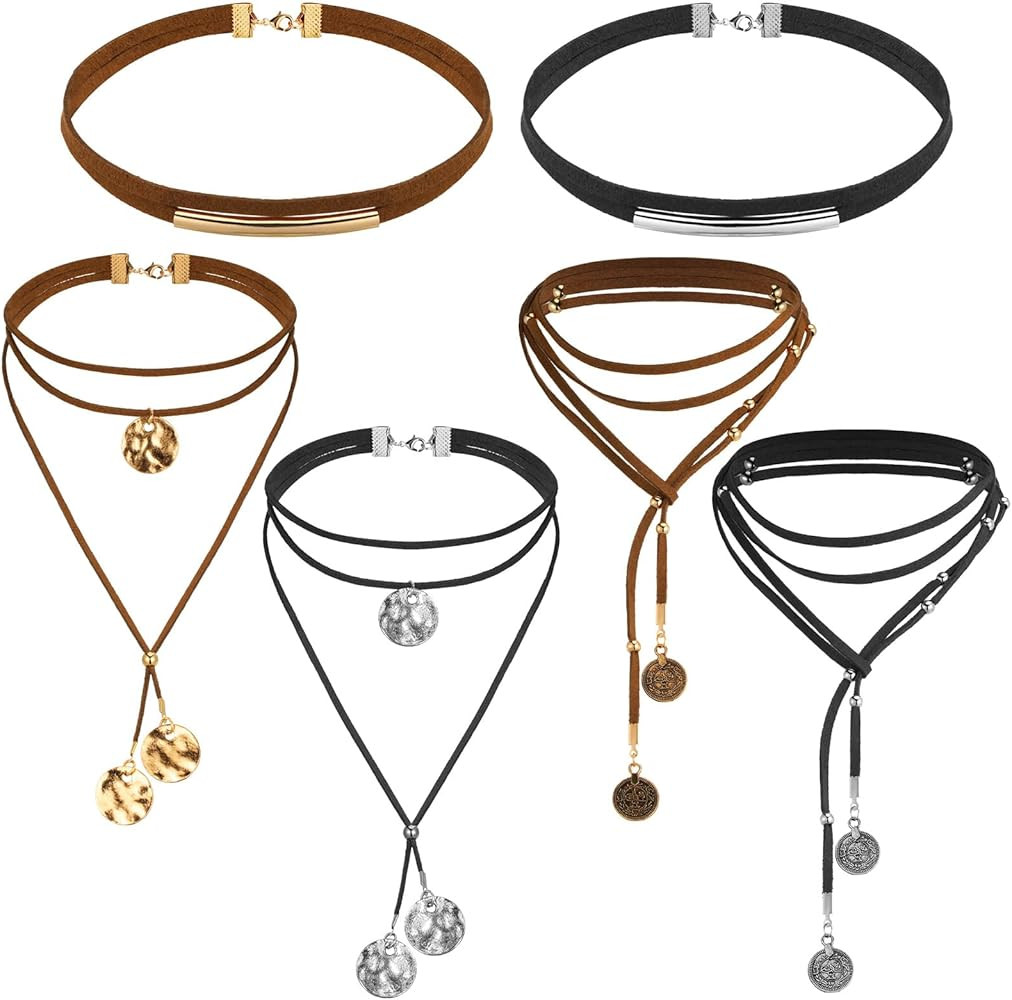 Ecally 6 Pcs Boho Layered Suede Necklace Long Suede Choker Necklace Black Brown Suede Choker with... | Amazon (US)