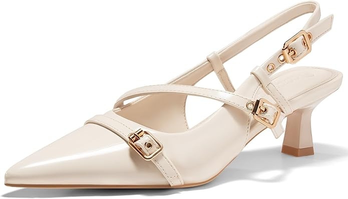 Coutgo Womens Kitten Heels Slingback Pointed Toe Low Heels Buckle Strap Pumps Dress Shoes | Amazon (US)