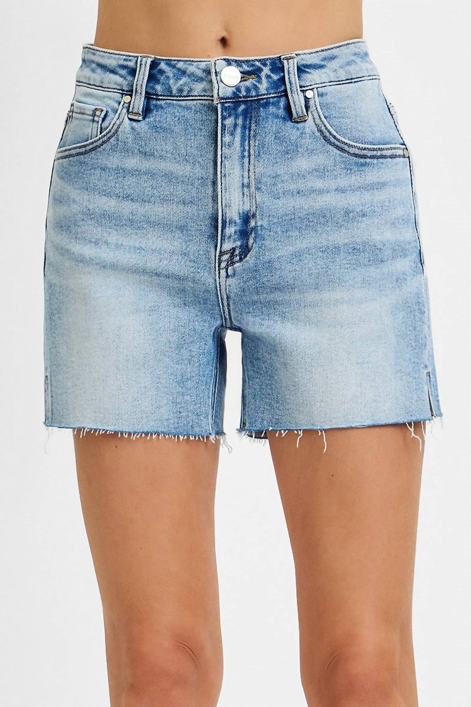 Crissy Side Slit Denim Shorts In Medium Wash | Shop Simon