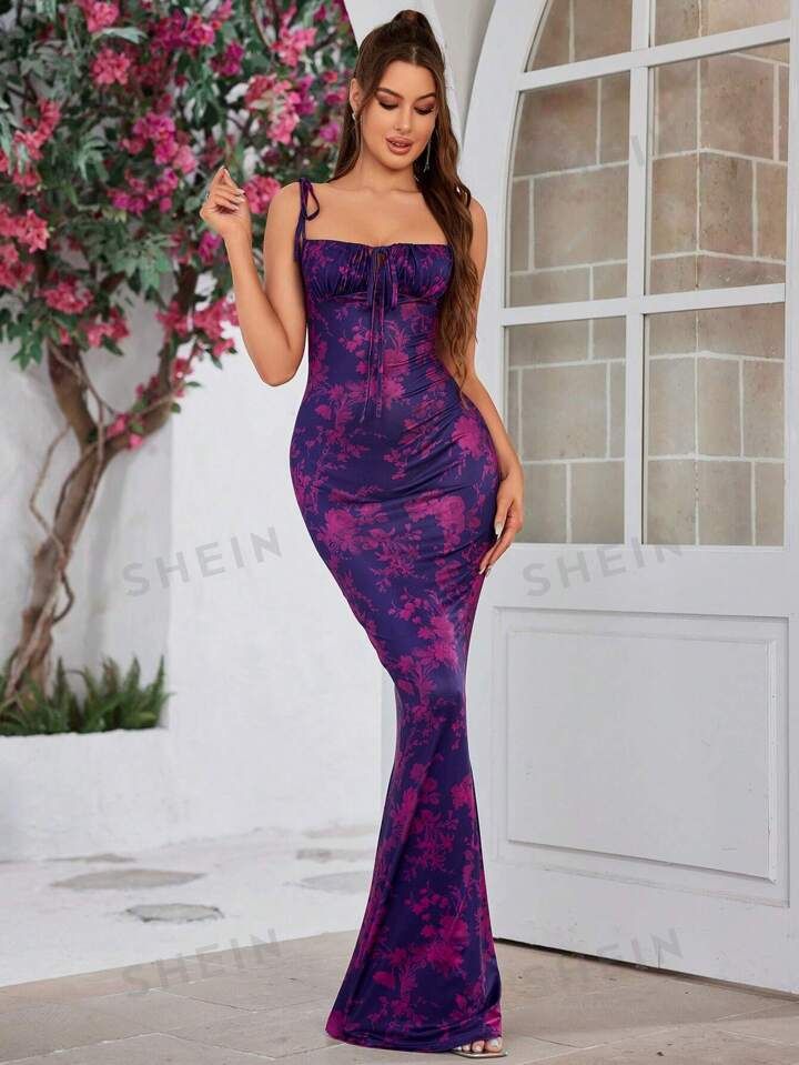 PARTHEA Lace Up Mermaid Hem Ruched Floral Print Maxi Dress | SHEIN