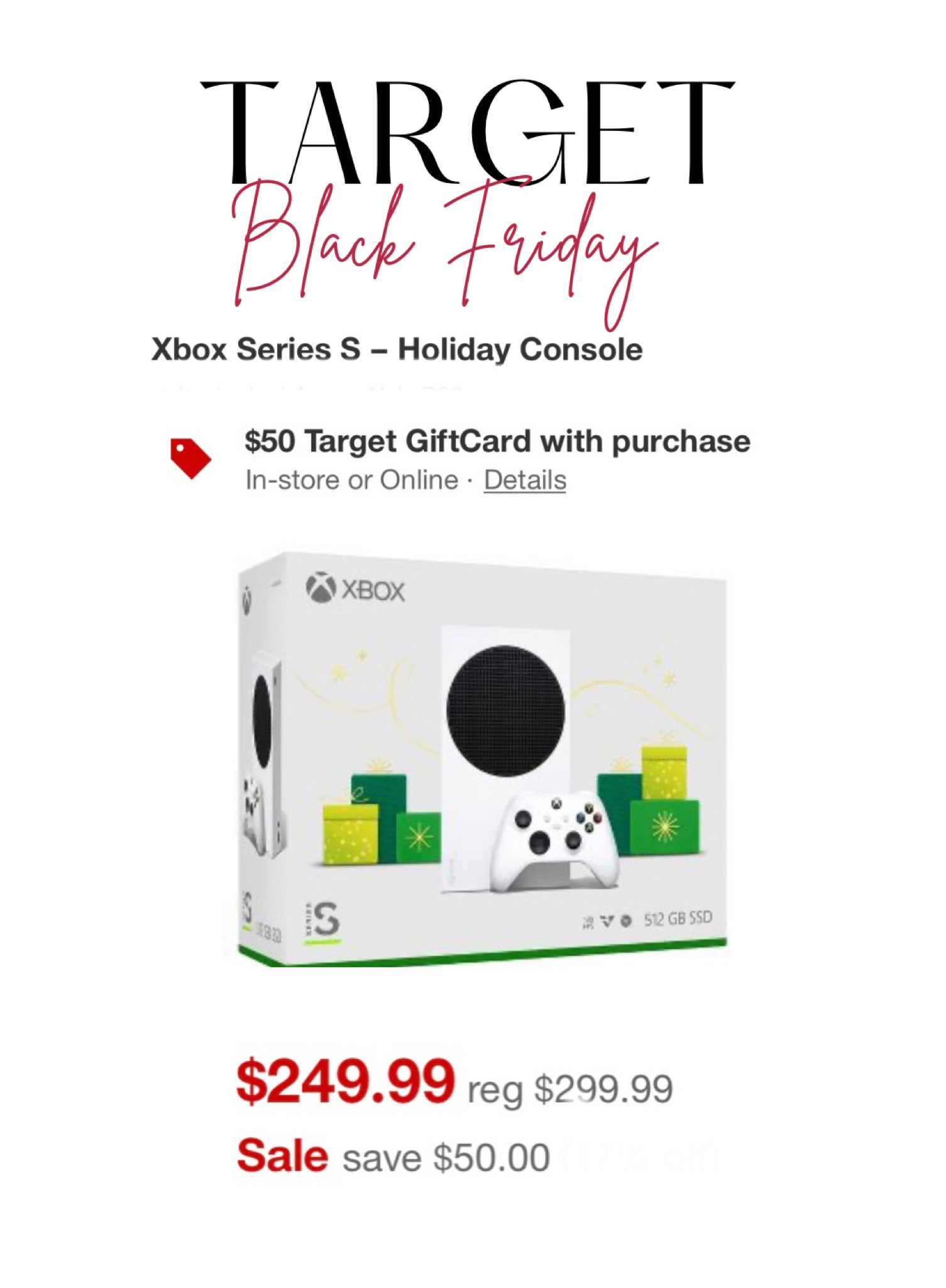 Xbox $50 off + get a $50 Target gift card!! 👏 Black Friday deal! 

#LTKCyberweek #LTKsalealert #LTKGiftGuide