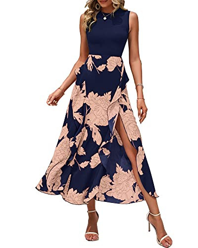 BTFBM Women Casual Sleeveless Summer Dresses 2025 Spring Crewneck Patchwork Boho Floral Ruffle Cocktail Party Midi Dress(Pink Floral Navy, Small) | Amazon (US)