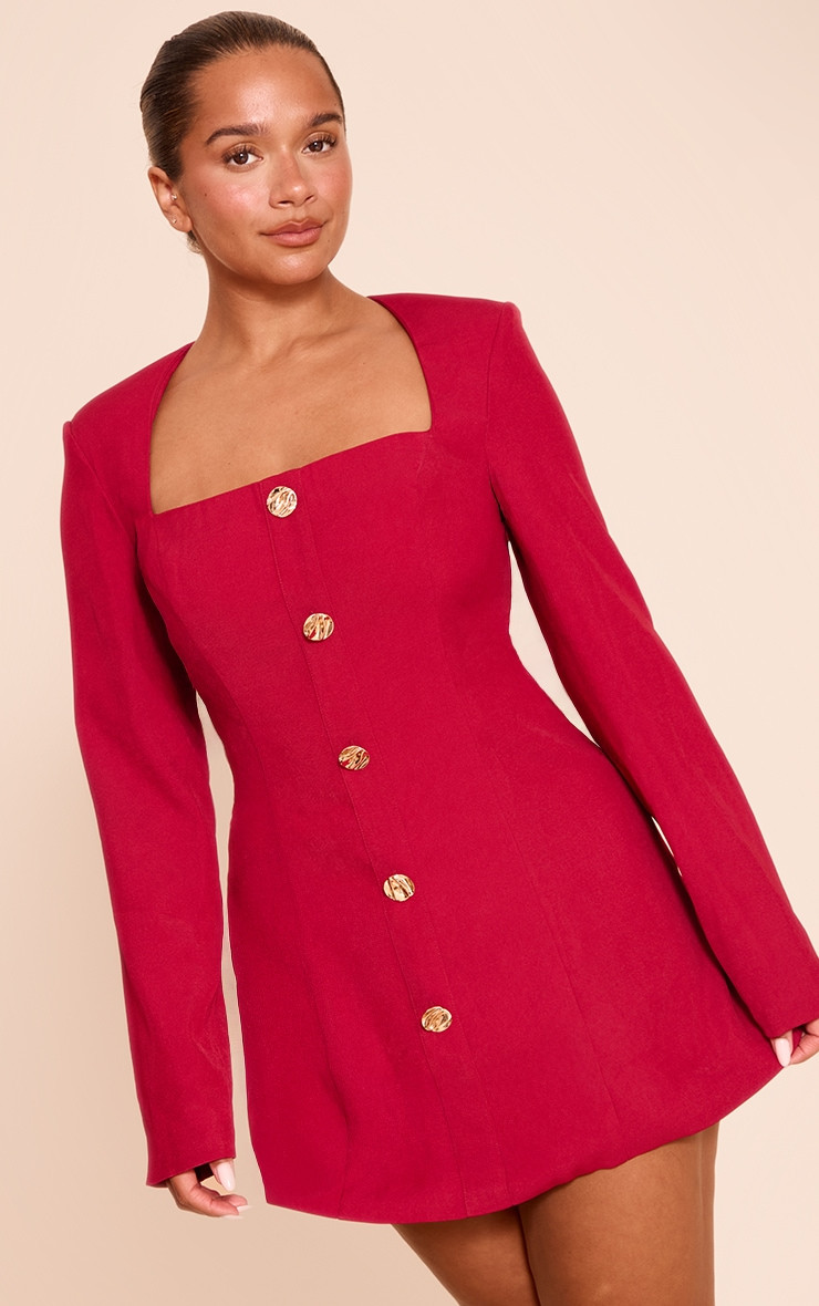 Shape red Tailored Square Neck Hammered Button Mini Dress | PrettyLittleThing US