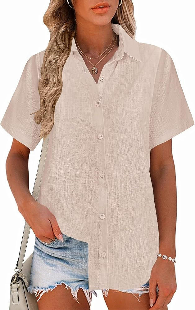 Zeagoo Women Button Down Shirt Cotton Linen Blend Short Sleeve V Neck Blouse Dressy Casual Summer... | Amazon (US)