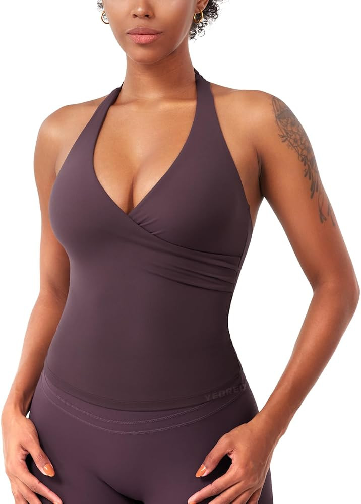 YEOREO Womens Halter Tank Tops Workout Impact Longline Strappy Top Padded Deep V Neck Wrap Gym Ba... | Amazon (US)