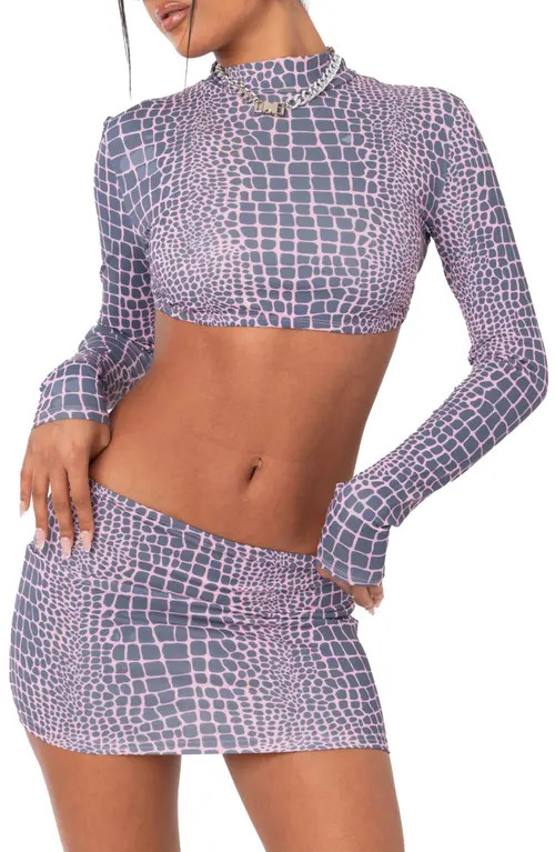 EDIKTED Croc Pattern Long Sleeve Crop Top in Mix at Nordstrom, Size X-Large | Nordstrom