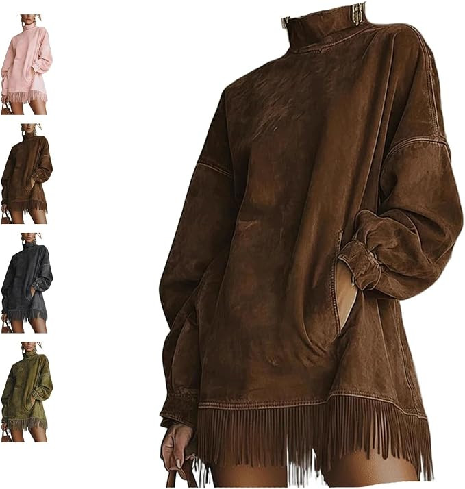 Women's Faux Suede Fringe Dress - 2026 Long Sleeve Mock Neck Western Mini Dress with Pockets Tass... | Amazon (US)