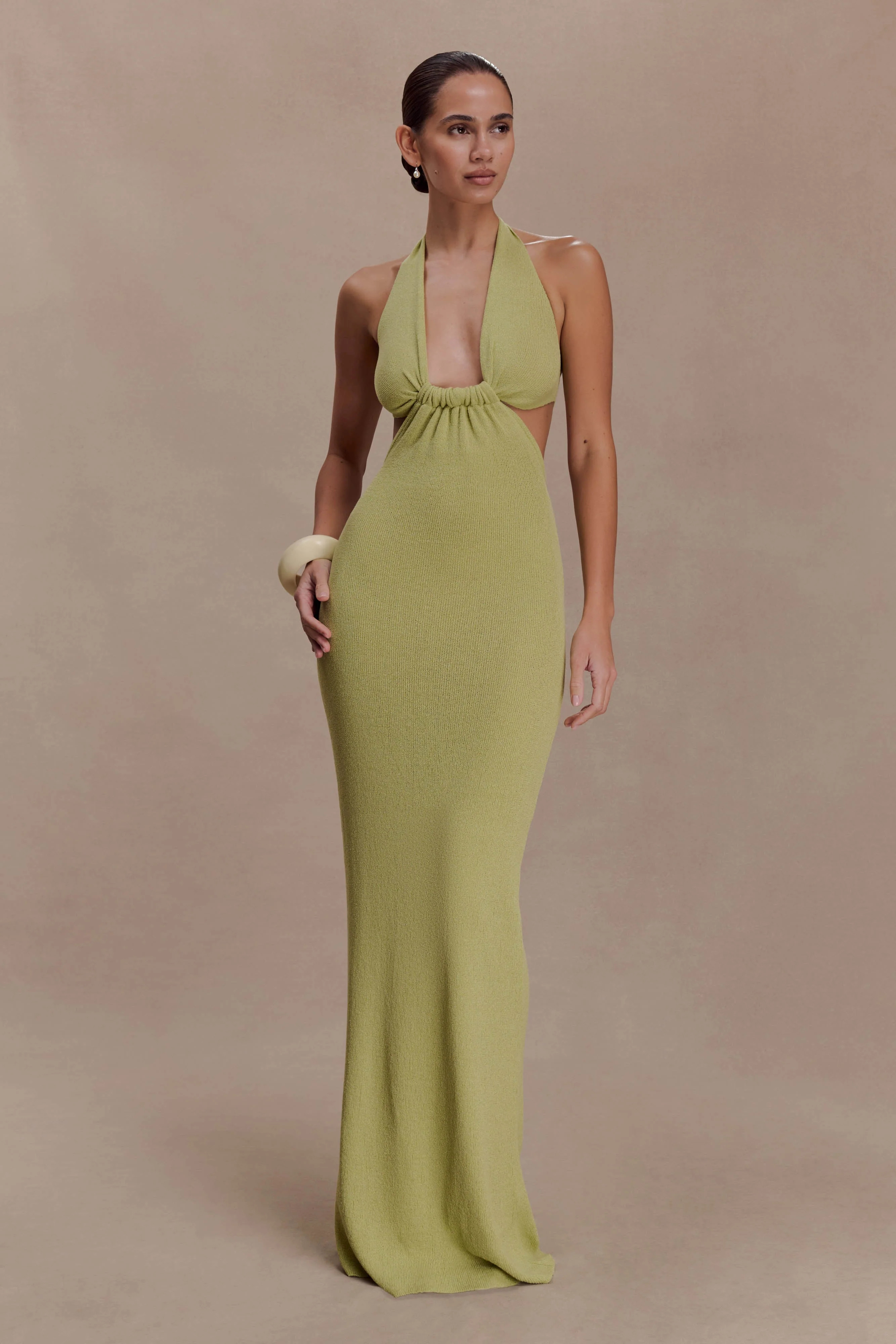 Halter Knit Maxi Dress - Light Olive | MESHKI US