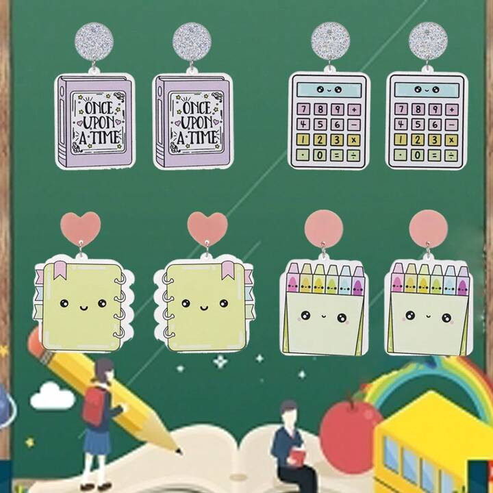 New Cross-Border Teacher's Day Earring Series, Acrylic Student Book Notebook Calculator Watercolo... | SHEIN
