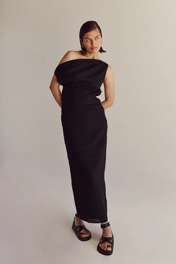 CASS BLACK LINEN ASYM MIDI DRESS | DISSH