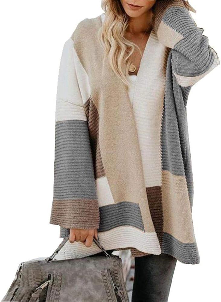 OLUOLIN Womens Color Block Cardigan Sweater Open Front Long Sleeve Loose Knit Coat | Amazon (US)