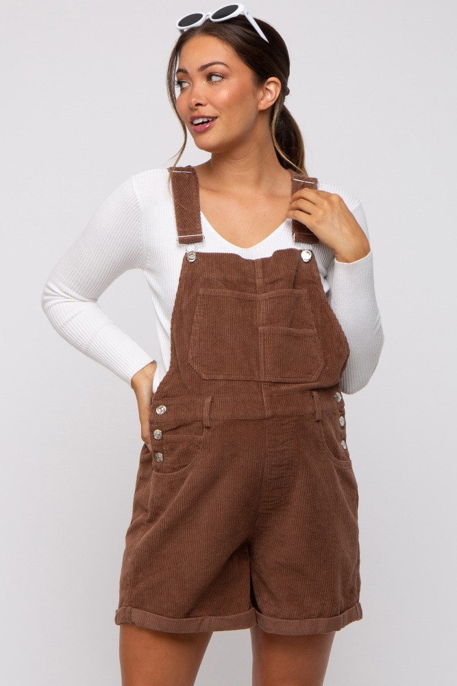 Mocha Corduroy Maternity Short Overalls | PinkBlush Maternity
