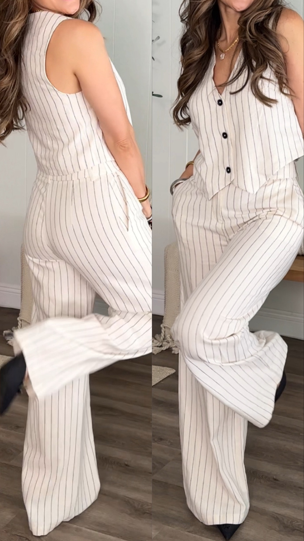 I seriously can’t get enough of this linen stripe pants set! So figure flattering and so chic! 
Wearing an XS in vest and small in pants.  Im5 ’4”/130 for reference 

#LTKU #LTKfindsunder50 #LTKstyletip