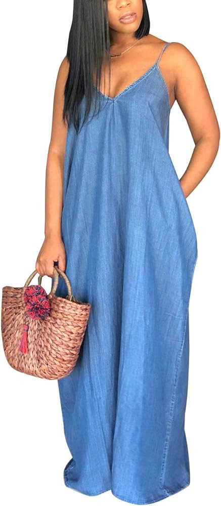 Women's Sexy Maxi Long Dresses Casual Spaghetti Strap Floor Length Plus Size Long Sundress with P... | Amazon (US)