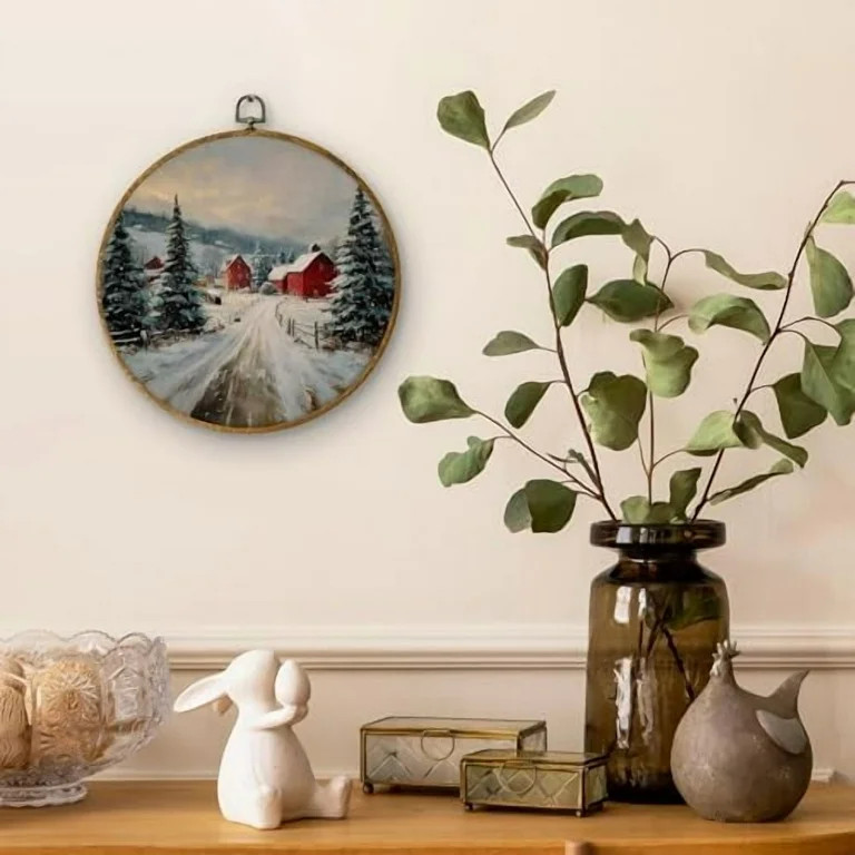Vintage Christmas Village Snowy Landscape Round Wall Art Decor, Rustic Christmas Canvas Wall Art ... | Walmart (US)